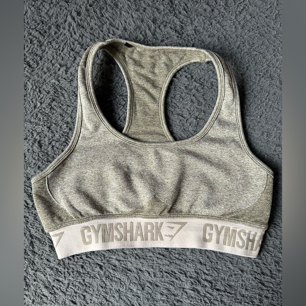 Gymshark Flex Sports Bra Greenish/Gray with Tan Band | Size M/L